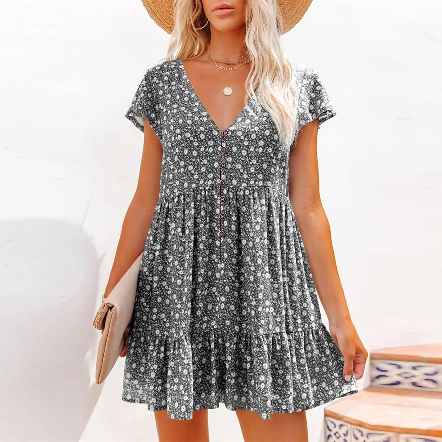 tuduoms Womens Boho V Neck Mini Dress Summer Cap Sleeve Ruffle Floral Dress Cute Sexy Empire Waist Beach Flowy Short Dress