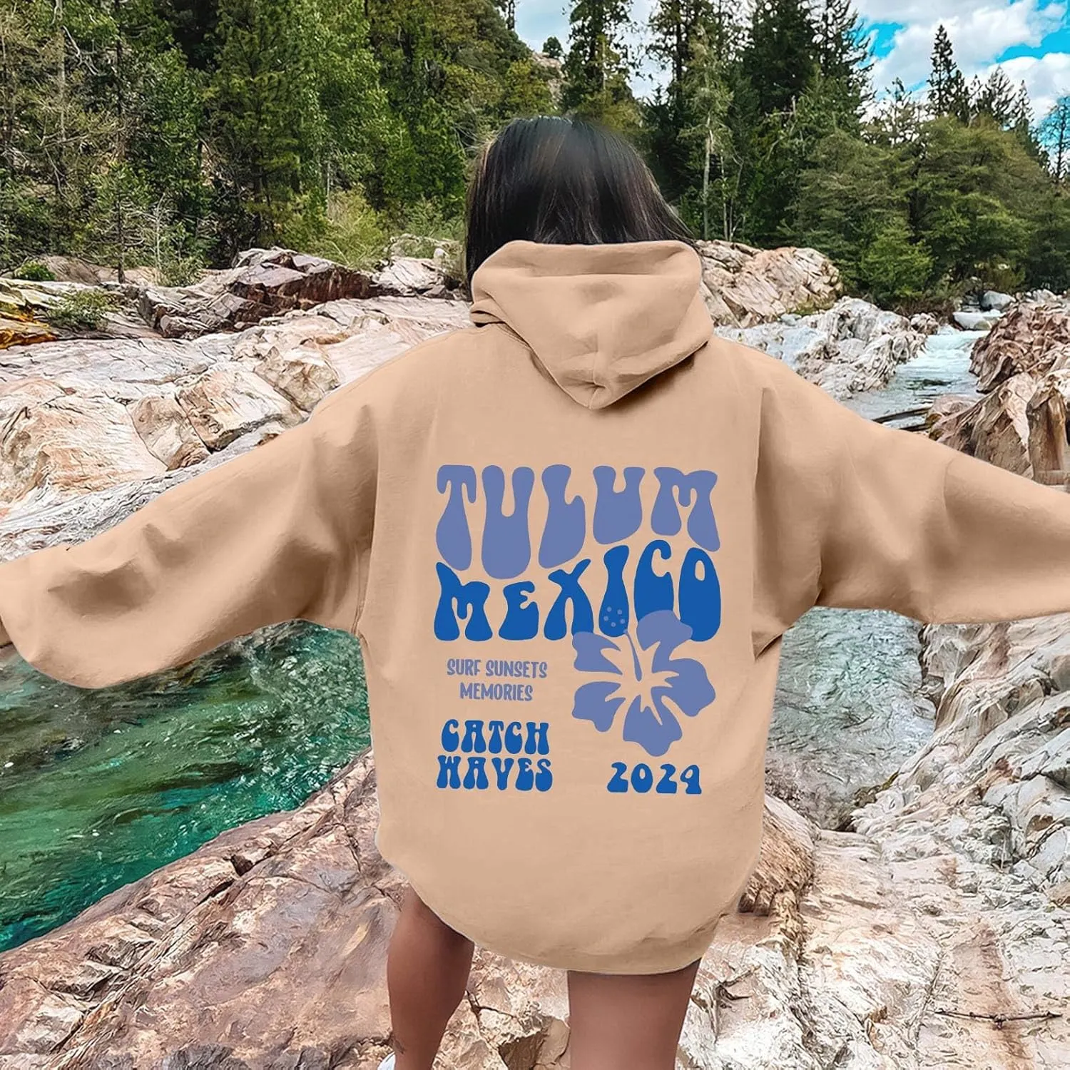 Tulum Mexico Oversized Hoodies For Women Casual Long Sleeve Hooded Pocket Pullover Letter Printed Travel Hoodie