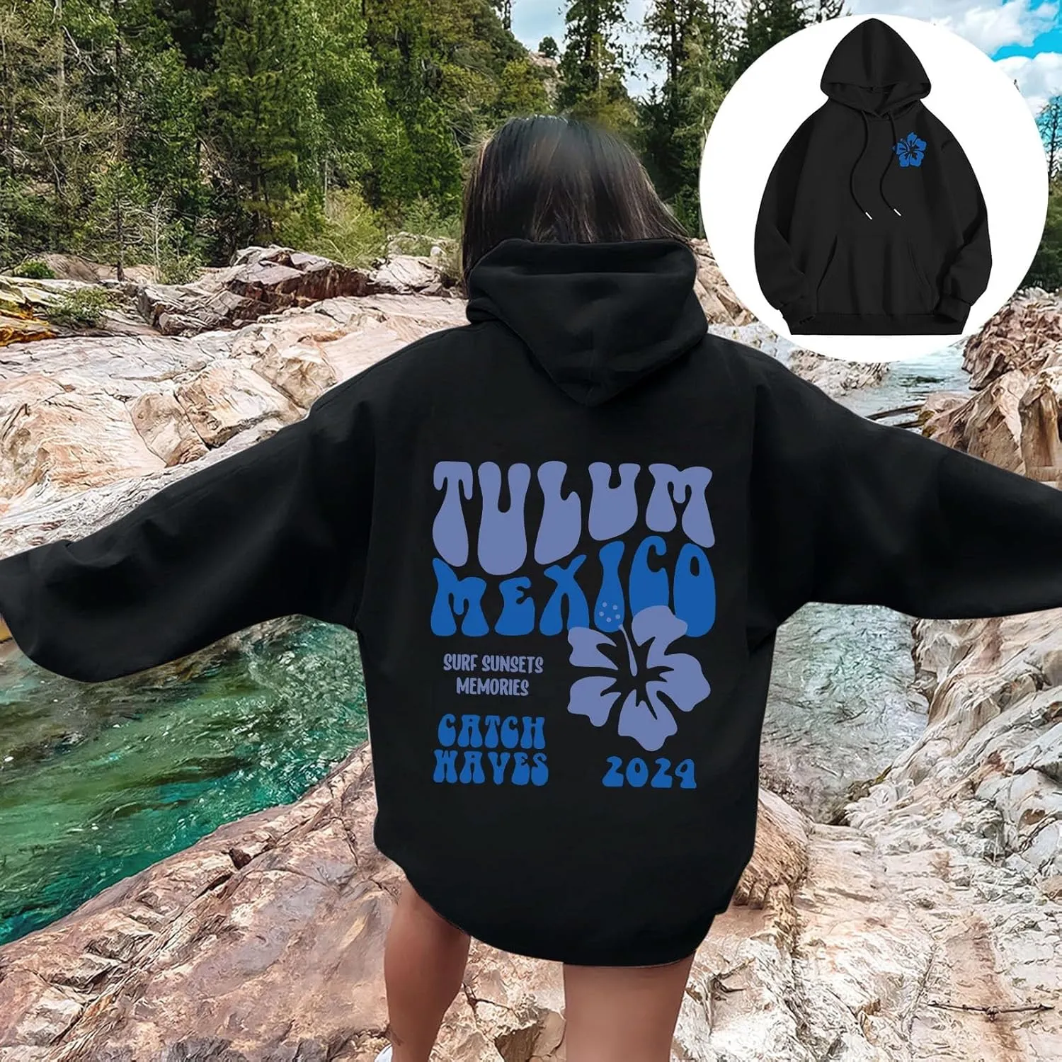 Tulum Mexico Oversized Hoodies For Women Casual Long Sleeve Hooded Pocket Pullover Letter Printed Travel Hoodie