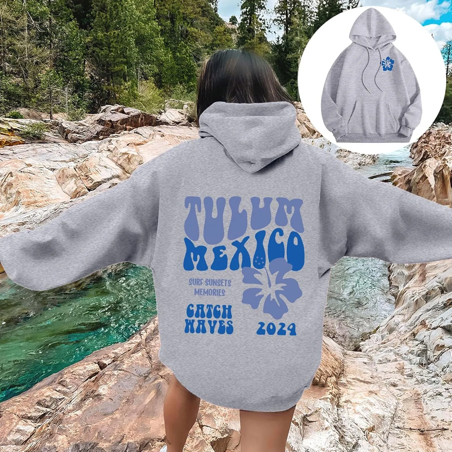 Tulum Mexico Oversized Hoodies For Women Casual Long Sleeve Hooded Pocket Pullover Letter Printed Travel Hoodie