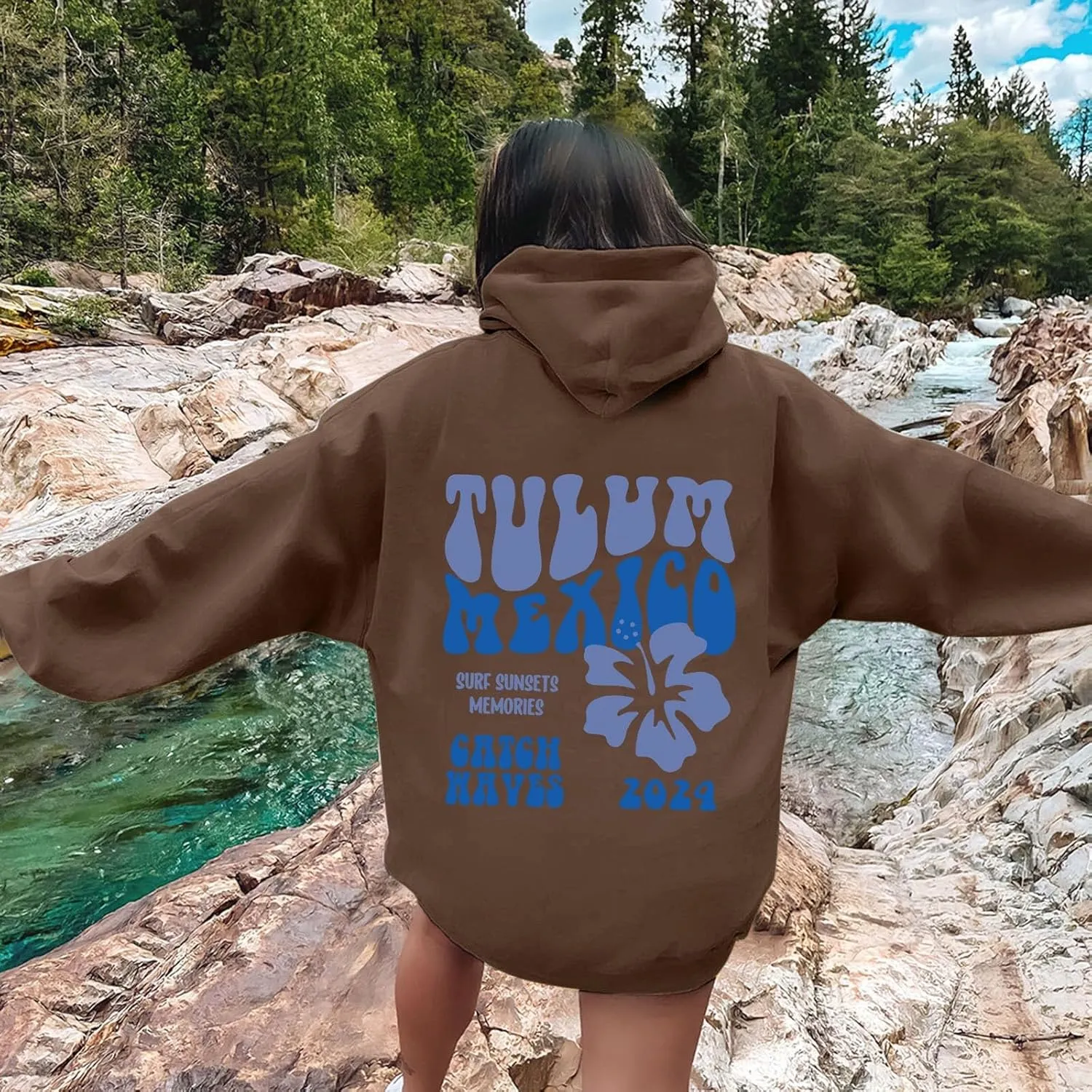 Tulum Mexico Oversized Hoodies For Women Casual Long Sleeve Hooded Pocket Pullover Letter Printed Travel Hoodie