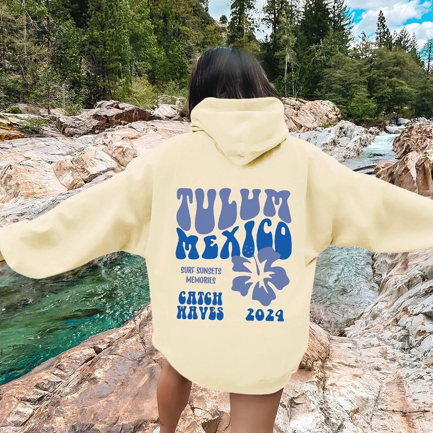 Tulum Mexico Oversized Hoodies For Women Casual Long Sleeve Hooded Pocket Pullover Letter Printed Travel Hoodie