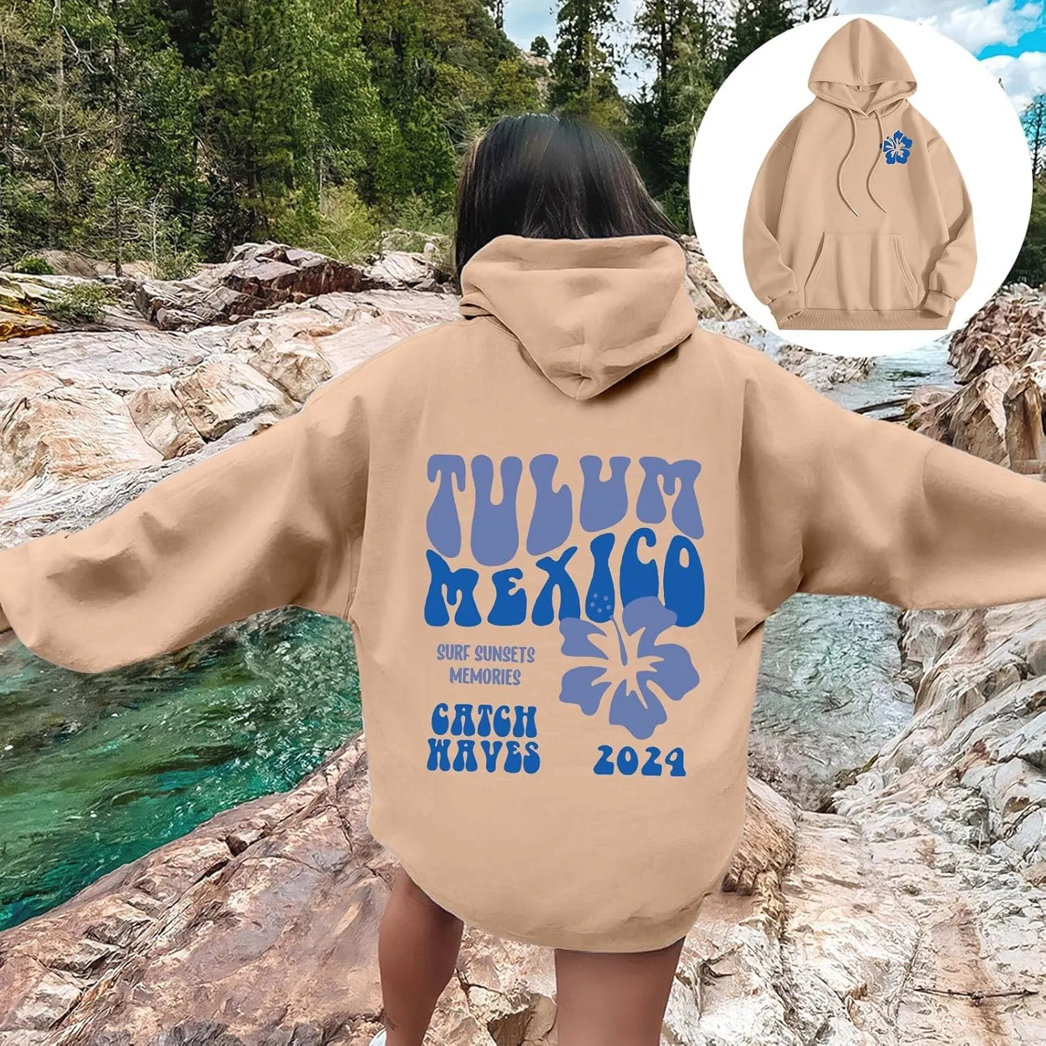 Tulum Mexico Oversized Hoodies For Women Casual Long Sleeve Hooded Pocket Pullover Letter Printed Travel Hoodie