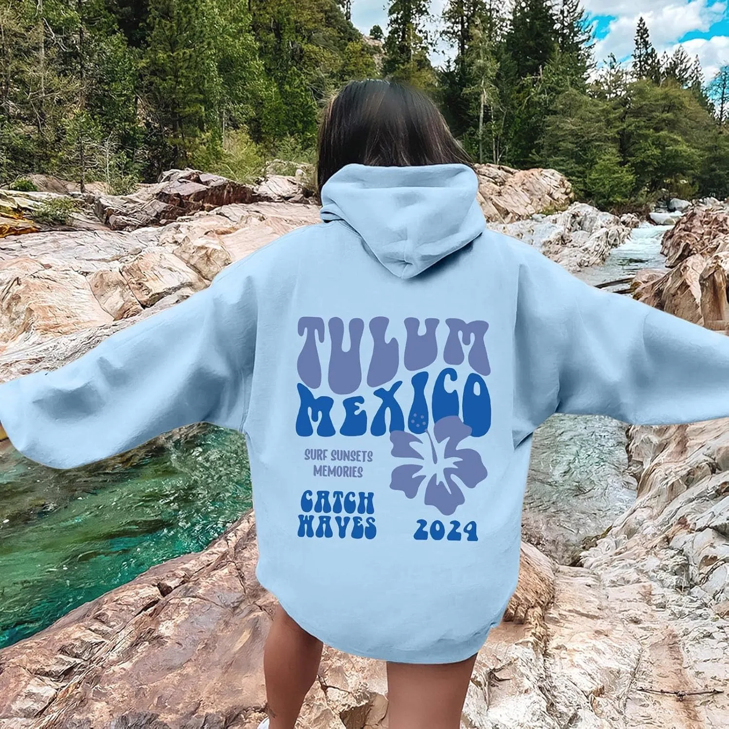 Tulum Mexico Oversized Hoodies For Women Casual Long Sleeve Hooded Pocket Pullover Letter Printed Travel Hoodie