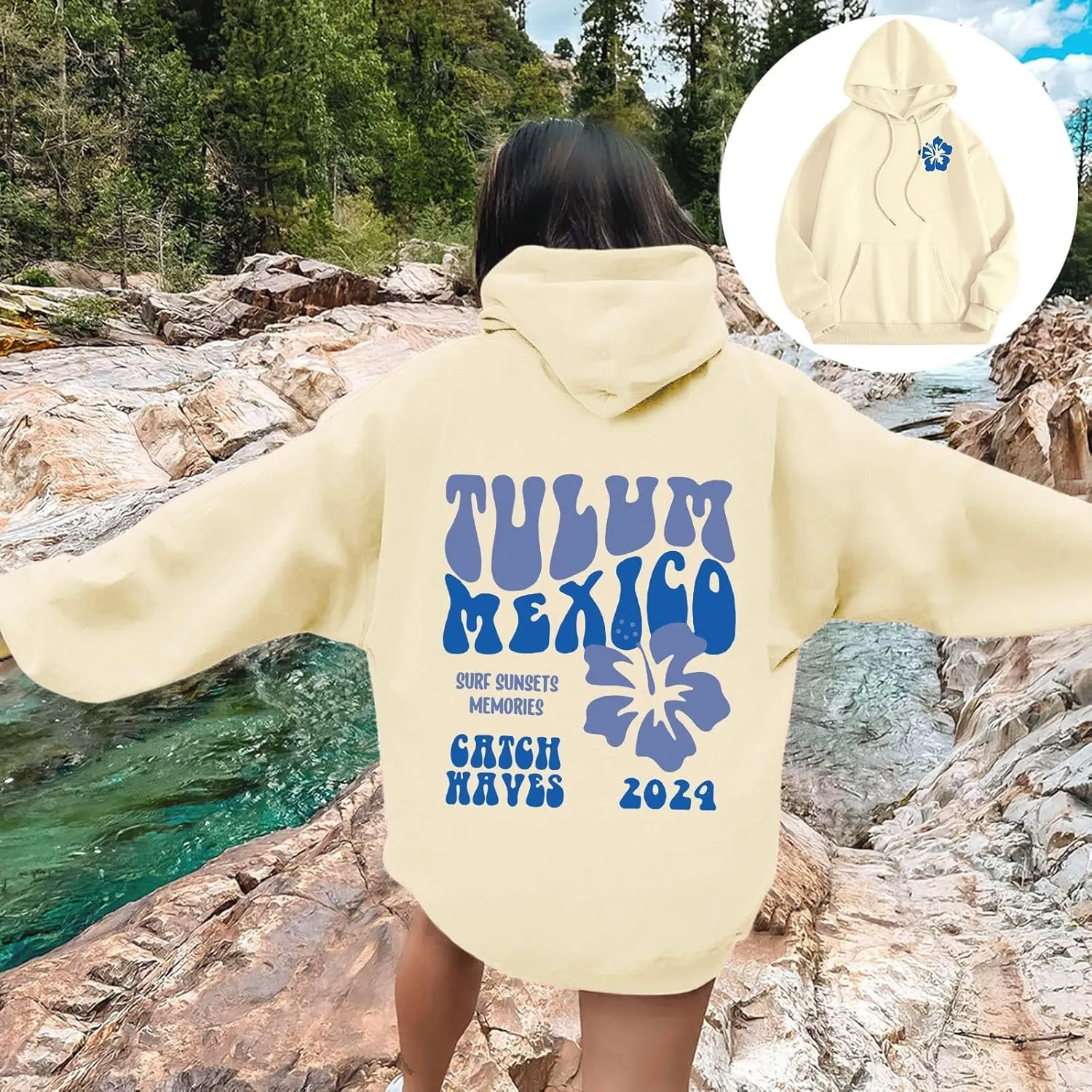 Tulum Mexico Oversized Hoodies For Women Casual Long Sleeve Hooded Pocket Pullover Letter Printed Travel Hoodie