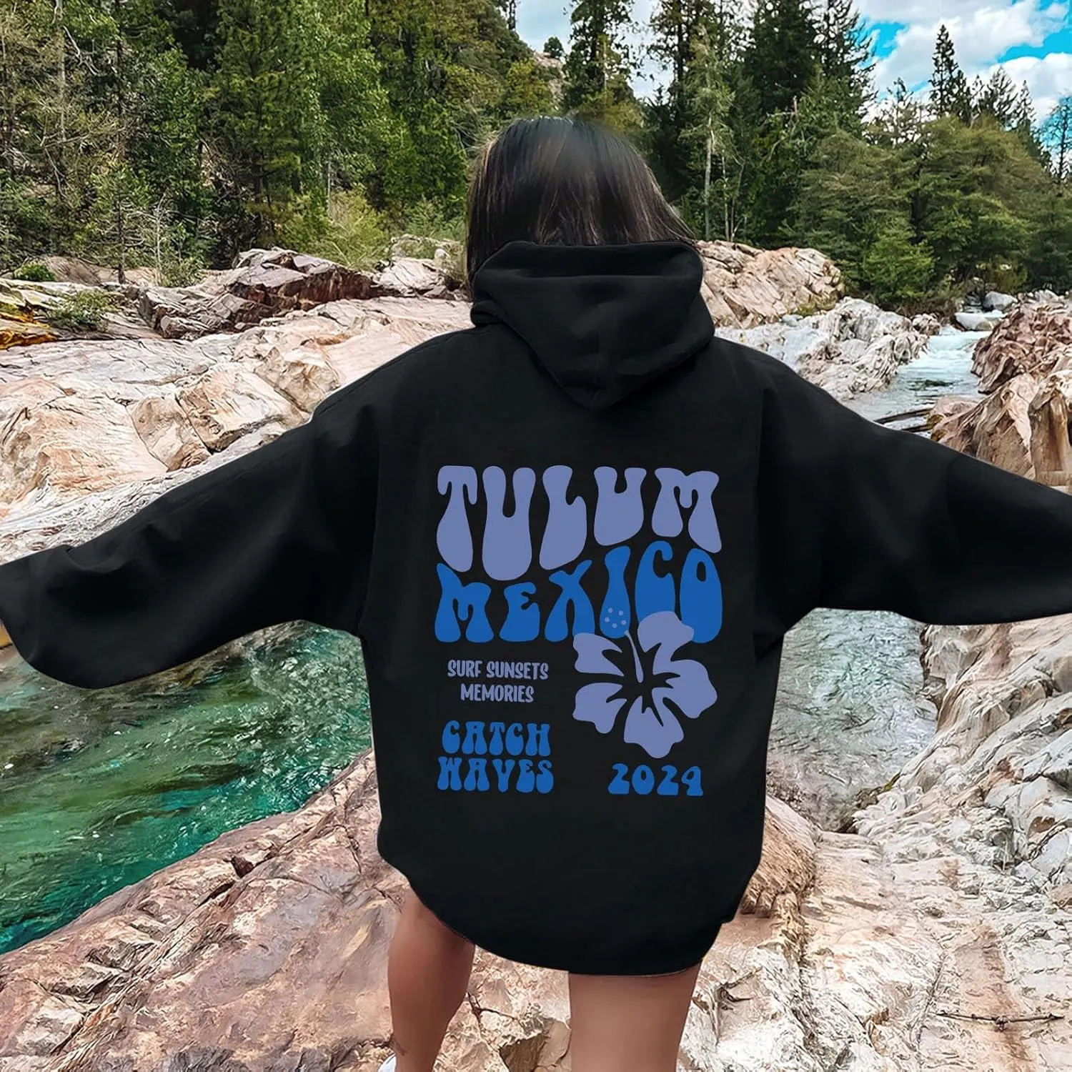 Tulum Mexico Oversized Hoodies For Women Casual Long Sleeve Hooded Pocket Pullover Letter Printed Travel Hoodie