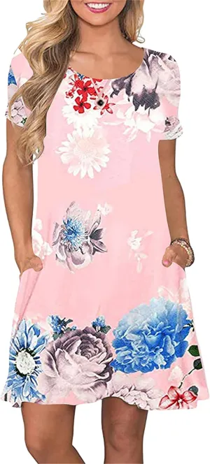 TYQQU Women's Casual Summer Floral Print Tee Shirt Flowy Comfy Dresses Short Sleeve Swing Sundress with Pockets