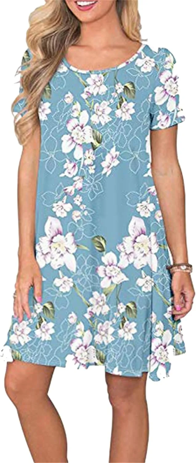 TYQQU Women's Casual Summer Floral Print Tee Shirt Flowy Comfy Dresses Short Sleeve Swing Sundress with Pockets