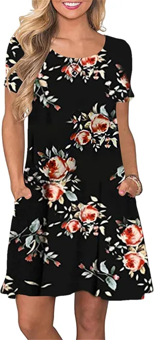 TYQQU Women's Casual Summer Floral Print Tee Shirt Flowy Comfy Dresses Short Sleeve Swing Sundress with Pockets