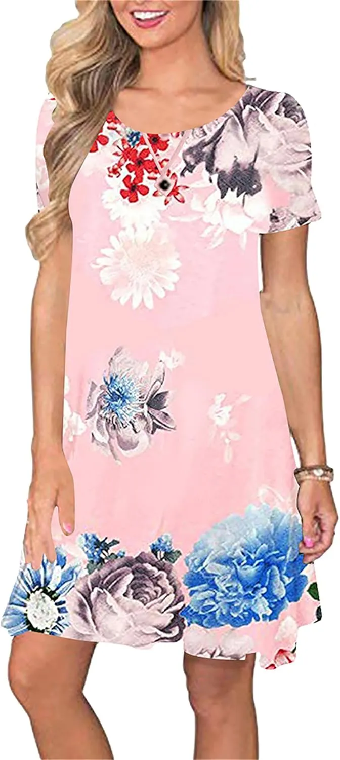 TYQQU Women's Casual Summer Floral Print Tee Shirt Flowy Comfy Dresses Short Sleeve Swing Sundress with Pockets