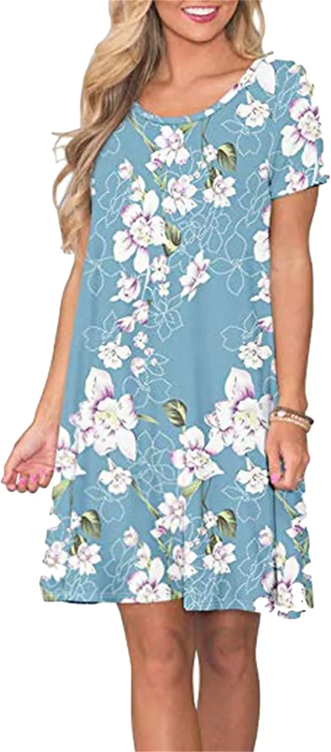TYQQU Women's Casual Summer Floral Print Tee Shirt Flowy Comfy Dresses Short Sleeve Swing Sundress with Pockets