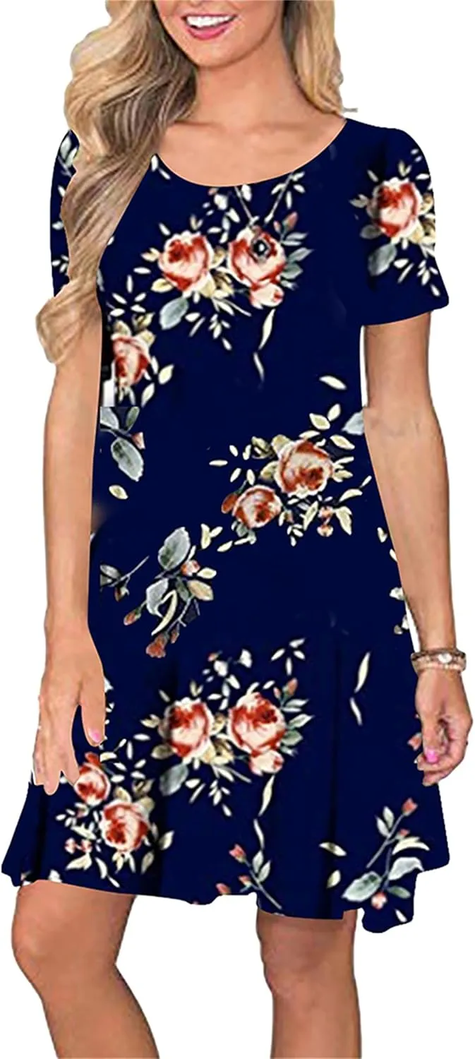 TYQQU Women's Casual Summer Floral Print Tee Shirt Flowy Comfy Dresses Short Sleeve Swing Sundress with Pockets