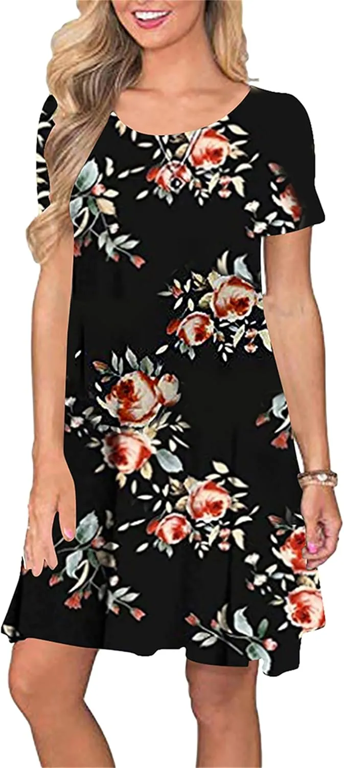 TYQQU Women's Casual Summer Floral Print Tee Shirt Flowy Comfy Dresses Short Sleeve Swing Sundress with Pockets