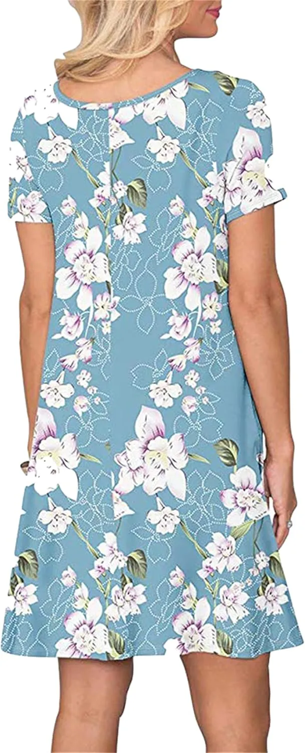 TYQQU Women's Casual Summer Floral Print Tee Shirt Flowy Comfy Dresses Short Sleeve Swing Sundress with Pockets