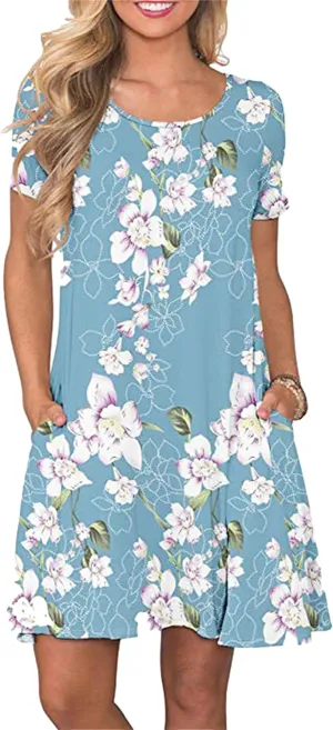 TYQQU Women's Casual Summer Floral Print Tee Shirt Flowy Comfy Dresses Short Sleeve Swing Sundress with Pockets