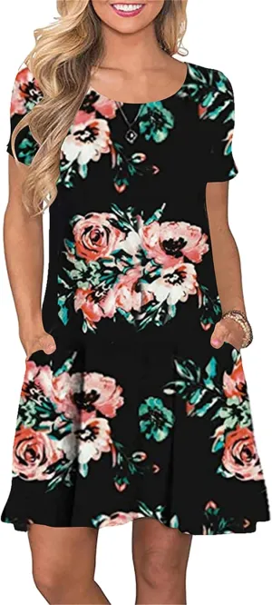 TYQQU Women's Casual Summer Floral Print Tee Shirt Flowy Comfy Dresses Short Sleeve Swing Sundress with Pockets