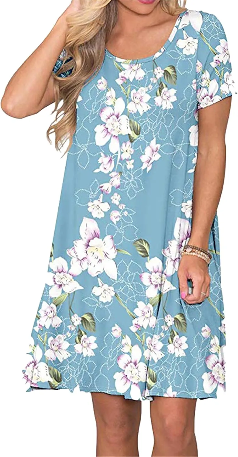TYQQU Women's Casual Summer Floral Print Tee Shirt Flowy Comfy Dresses Short Sleeve Swing Sundress with Pockets
