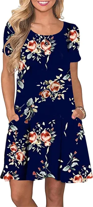 TYQQU Women's Casual Summer Floral Print Tee Shirt Flowy Comfy Dresses Short Sleeve Swing Sundress with Pockets