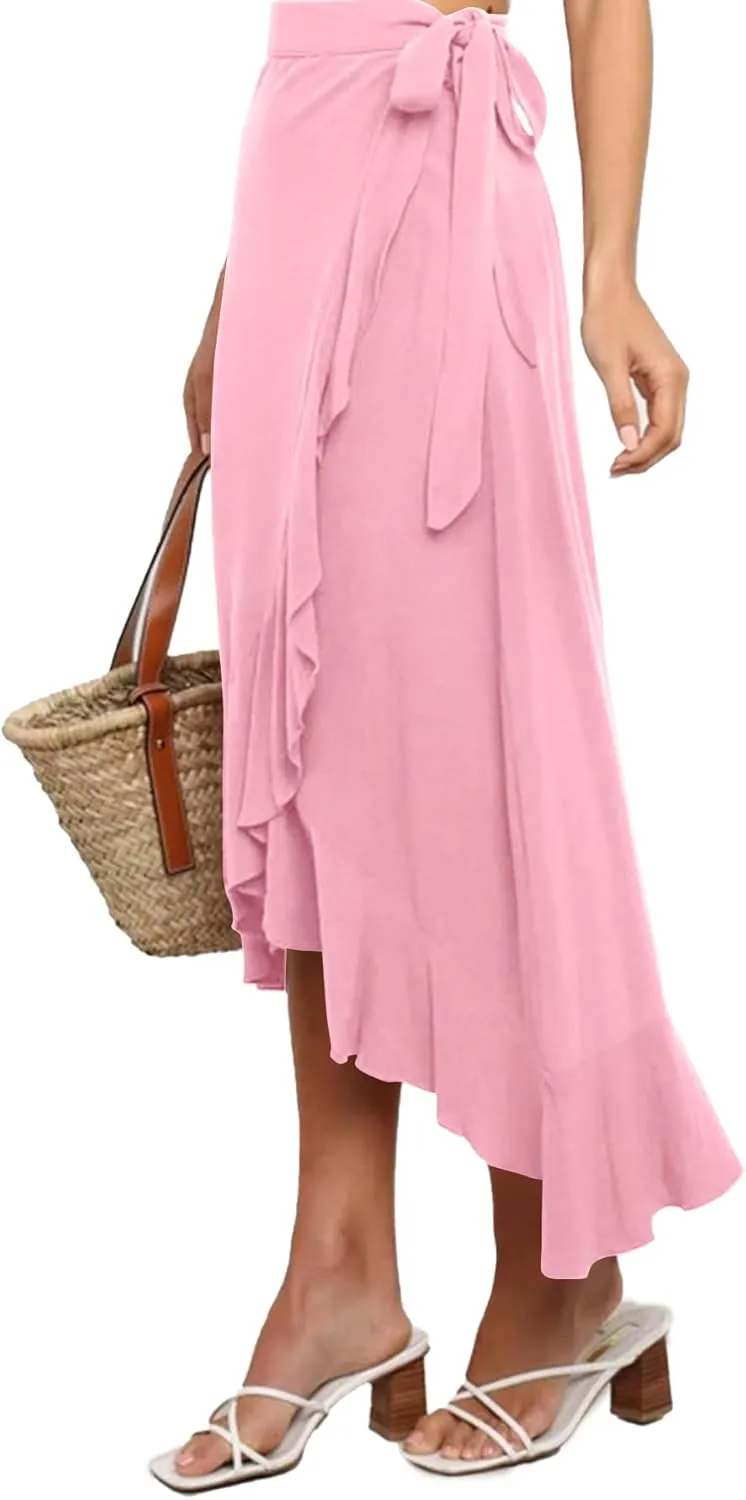 Umenlele Women's Casual Tie waist Asymmetric Swing Ruffle Wrap Hem Flowy Mid Skirt