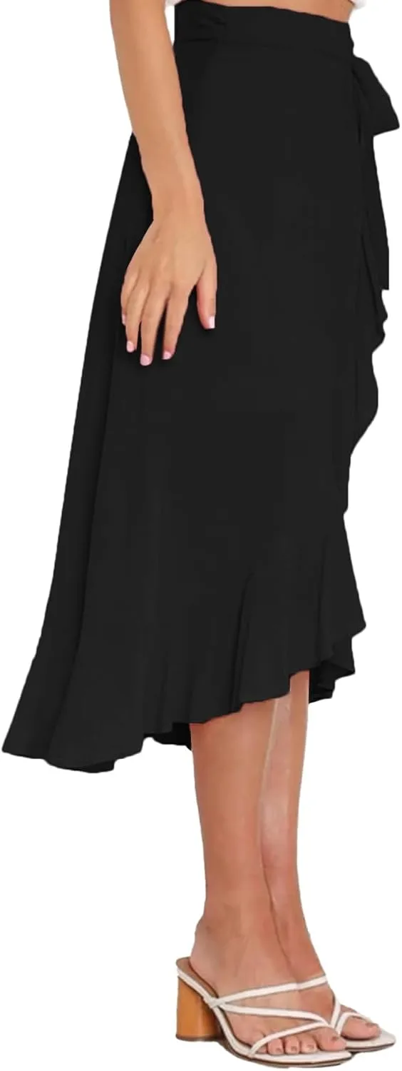 Umenlele Women's Casual Tie waist Asymmetric Swing Ruffle Wrap Hem Flowy Mid Skirt