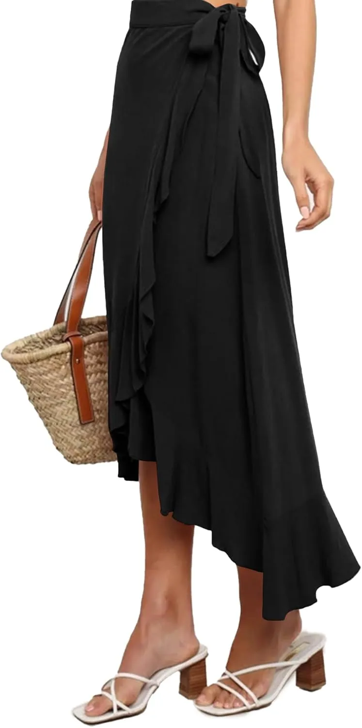 Umenlele Women's Casual Tie waist Asymmetric Swing Ruffle Wrap Hem Flowy Mid Skirt