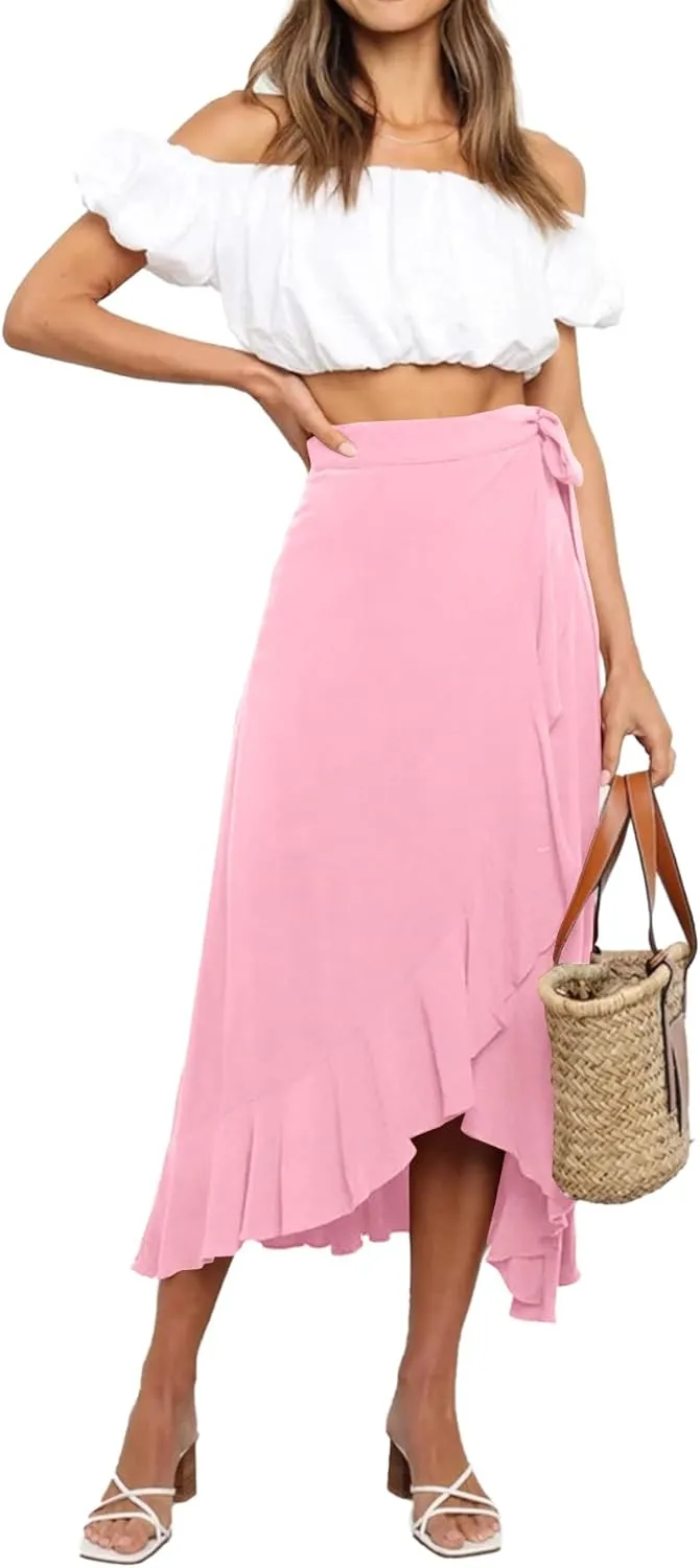 Umenlele Women's Casual Tie waist Asymmetric Swing Ruffle Wrap Hem Flowy Mid Skirt