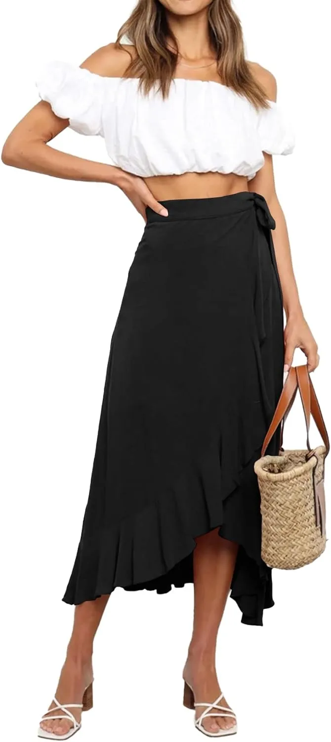 Umenlele Women's Casual Tie waist Asymmetric Swing Ruffle Wrap Hem Flowy Mid Skirt