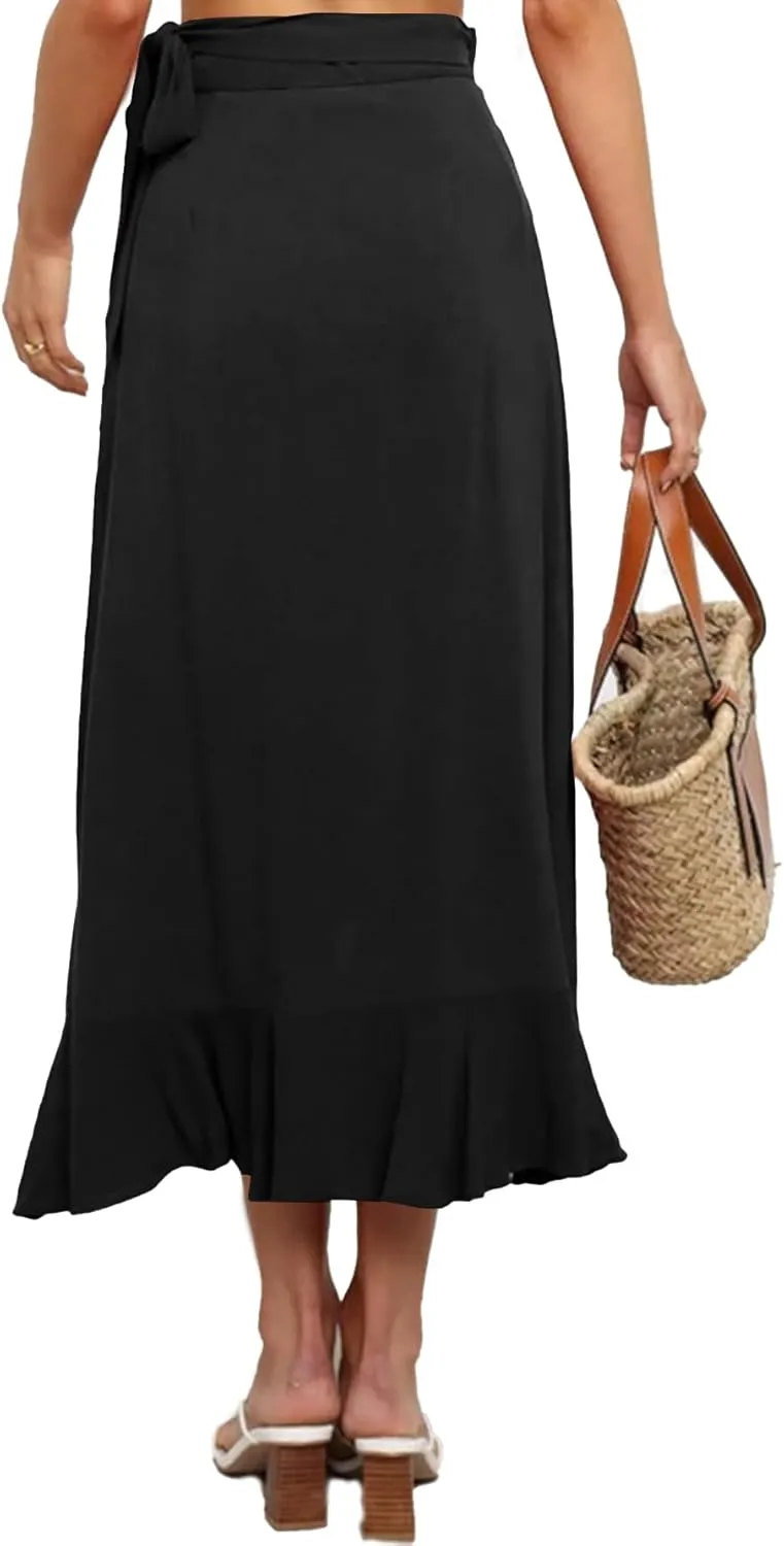 Umenlele Women's Casual Tie waist Asymmetric Swing Ruffle Wrap Hem Flowy Mid Skirt