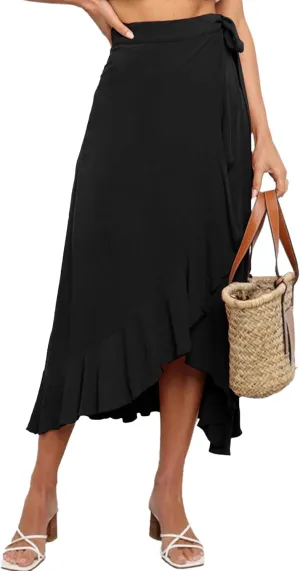 Umenlele Women's Casual Tie waist Asymmetric Swing Ruffle Wrap Hem Flowy Mid Skirt