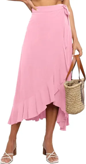 Umenlele Women's Casual Tie waist Asymmetric Swing Ruffle Wrap Hem Flowy Mid Skirt