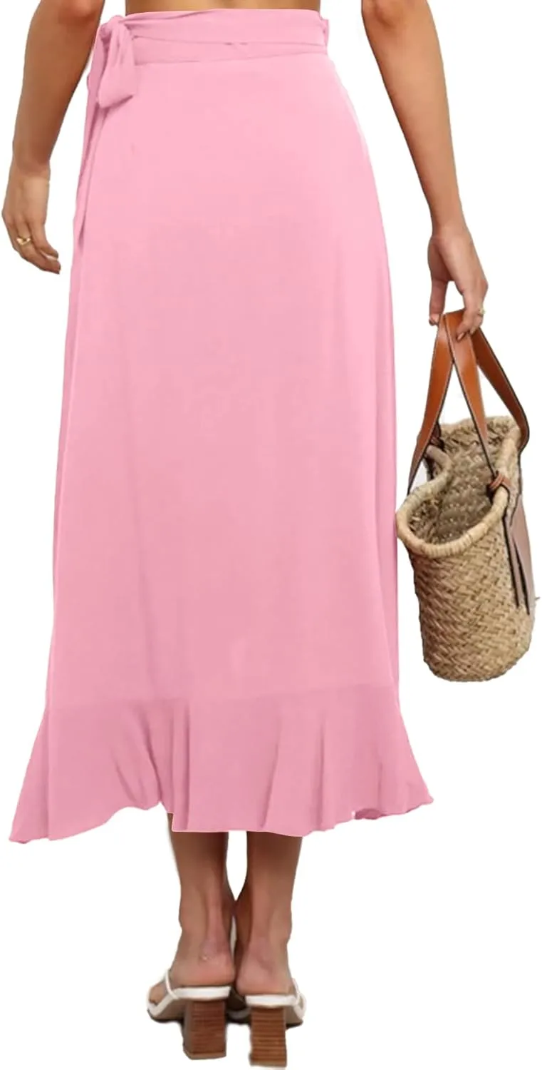 Umenlele Women's Casual Tie waist Asymmetric Swing Ruffle Wrap Hem Flowy Mid Skirt