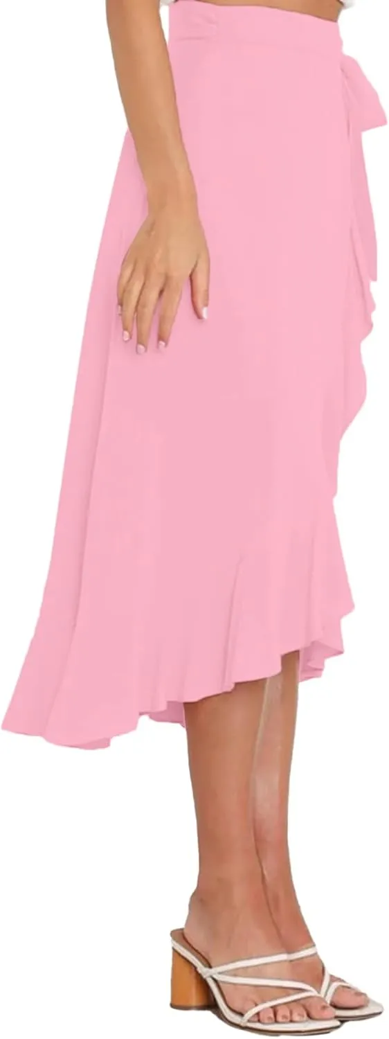Umenlele Women's Casual Tie waist Asymmetric Swing Ruffle Wrap Hem Flowy Mid Skirt