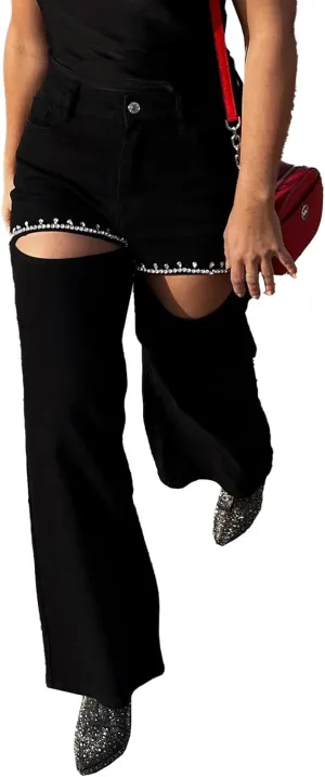 Unybwonn Women High Waist Baggy Ripped Jeans Rhinestone Trim Bling Denim Pants Y2k Straight Wide Leg Pants Streetwear