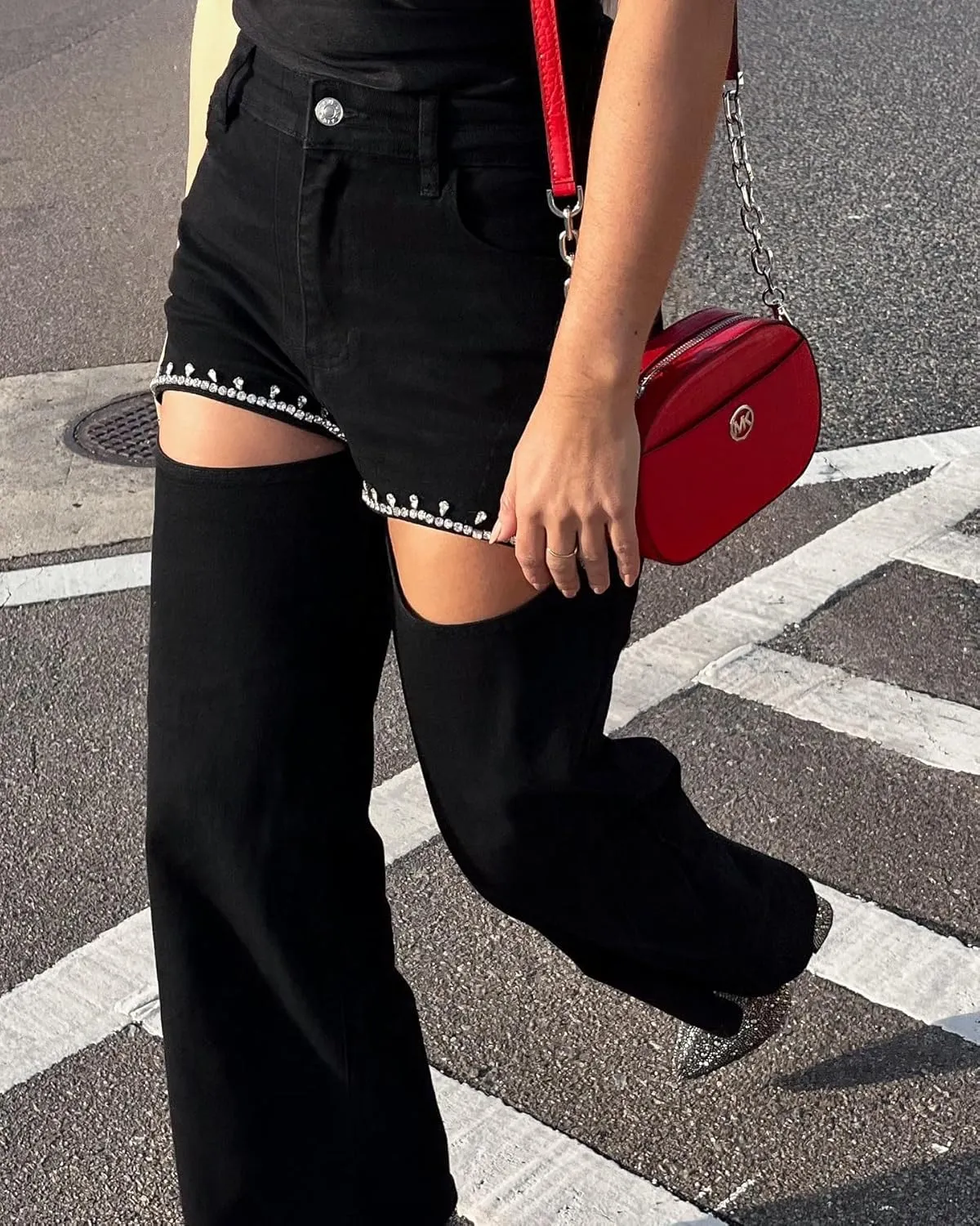 Unybwonn Women High Waist Baggy Ripped Jeans Rhinestone Trim Bling Denim Pants Y2k Straight Wide Leg Pants Streetwear