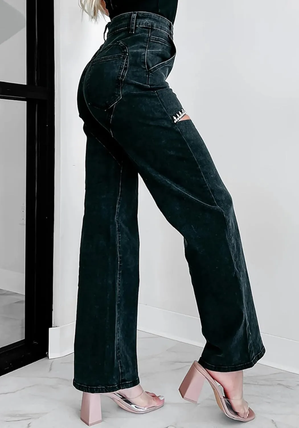 Unybwonn Women High Waist Baggy Ripped Jeans Rhinestone Trim Bling Denim Pants Y2k Straight Wide Leg Pants Streetwear