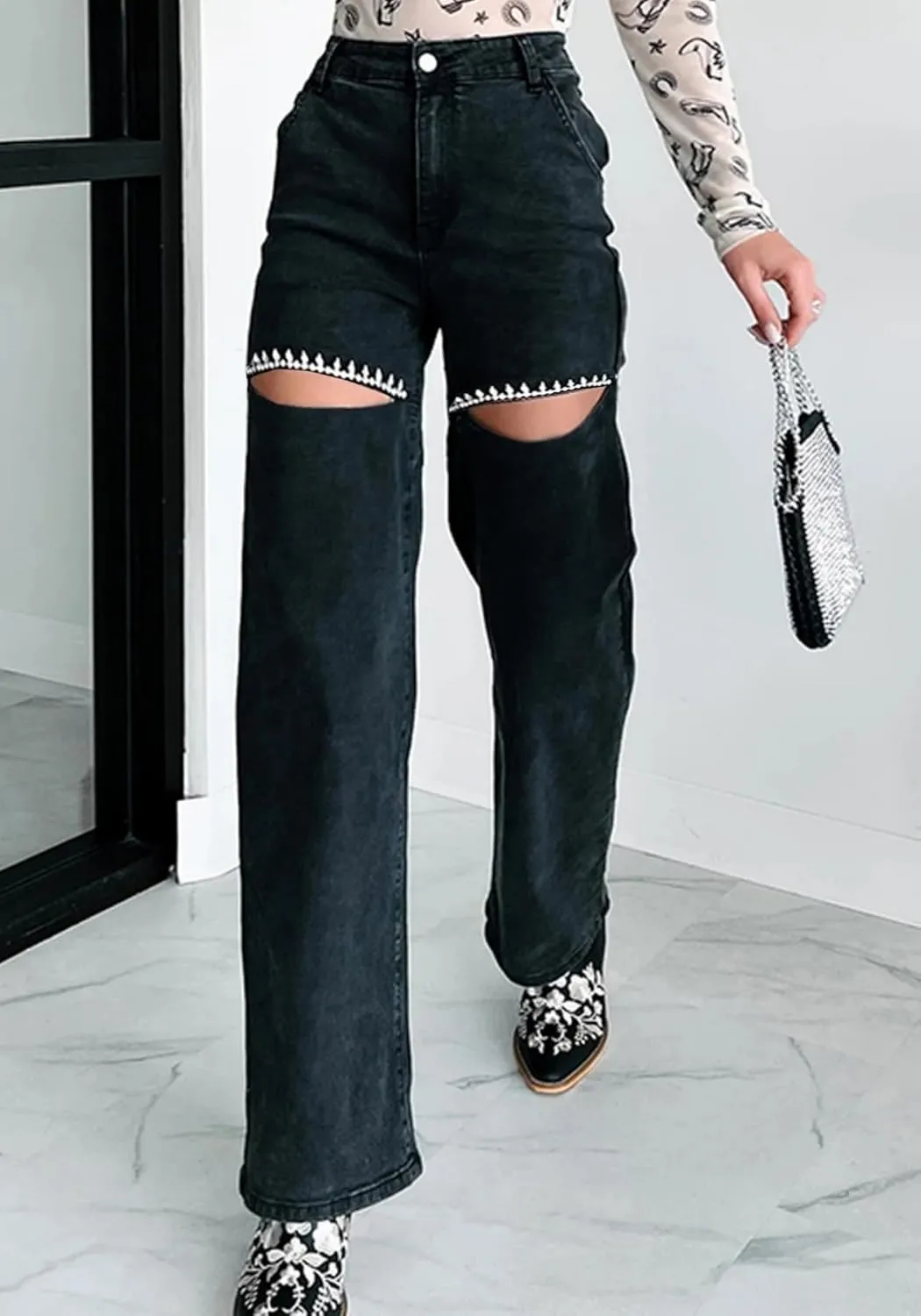 Unybwonn Women High Waist Baggy Ripped Jeans Rhinestone Trim Bling Denim Pants Y2k Straight Wide Leg Pants Streetwear