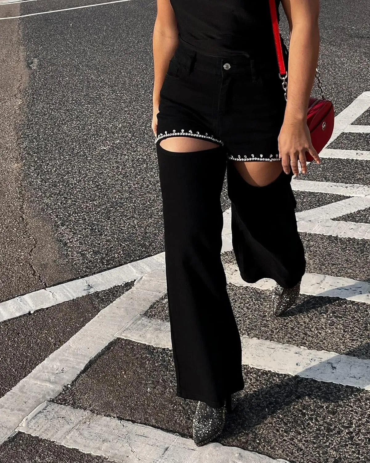 Unybwonn Women High Waist Baggy Ripped Jeans Rhinestone Trim Bling Denim Pants Y2k Straight Wide Leg Pants Streetwear