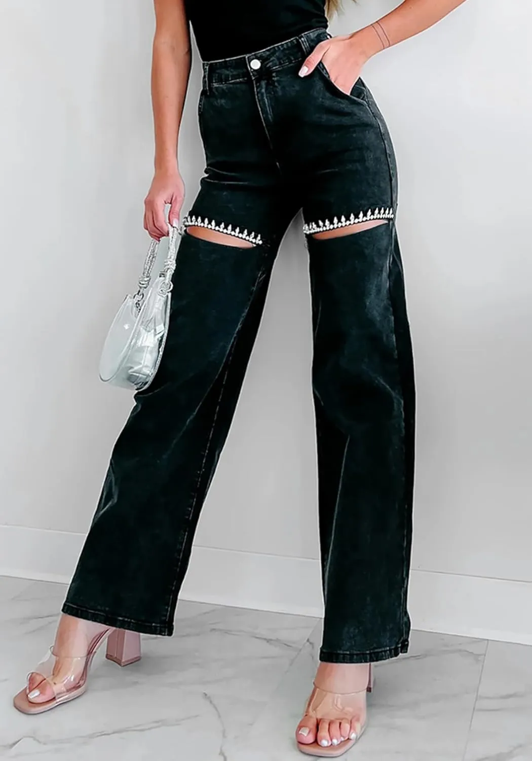 Unybwonn Women High Waist Baggy Ripped Jeans Rhinestone Trim Bling Denim Pants Y2k Straight Wide Leg Pants Streetwear