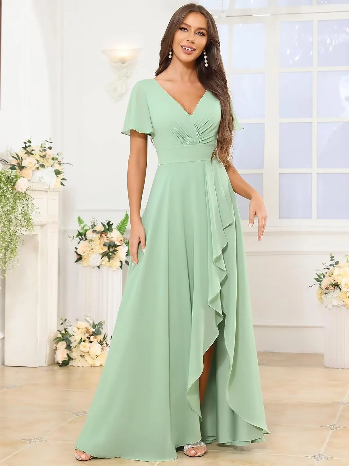 V Neck Bridesmaid Dresses for Women Short Sleeve Ruffle A Line Formal Evening Dress