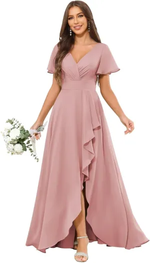 V Neck Bridesmaid Dresses for Women Short Sleeve Ruffle A Line Formal Evening Dress