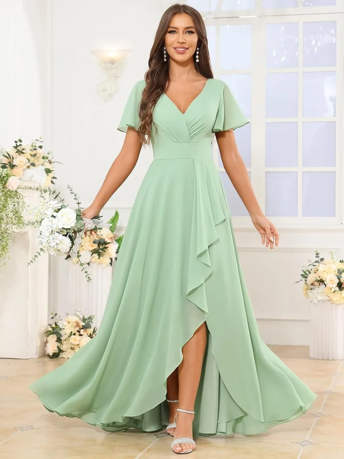 V Neck Bridesmaid Dresses for Women Short Sleeve Ruffle A Line Formal Evening Dress