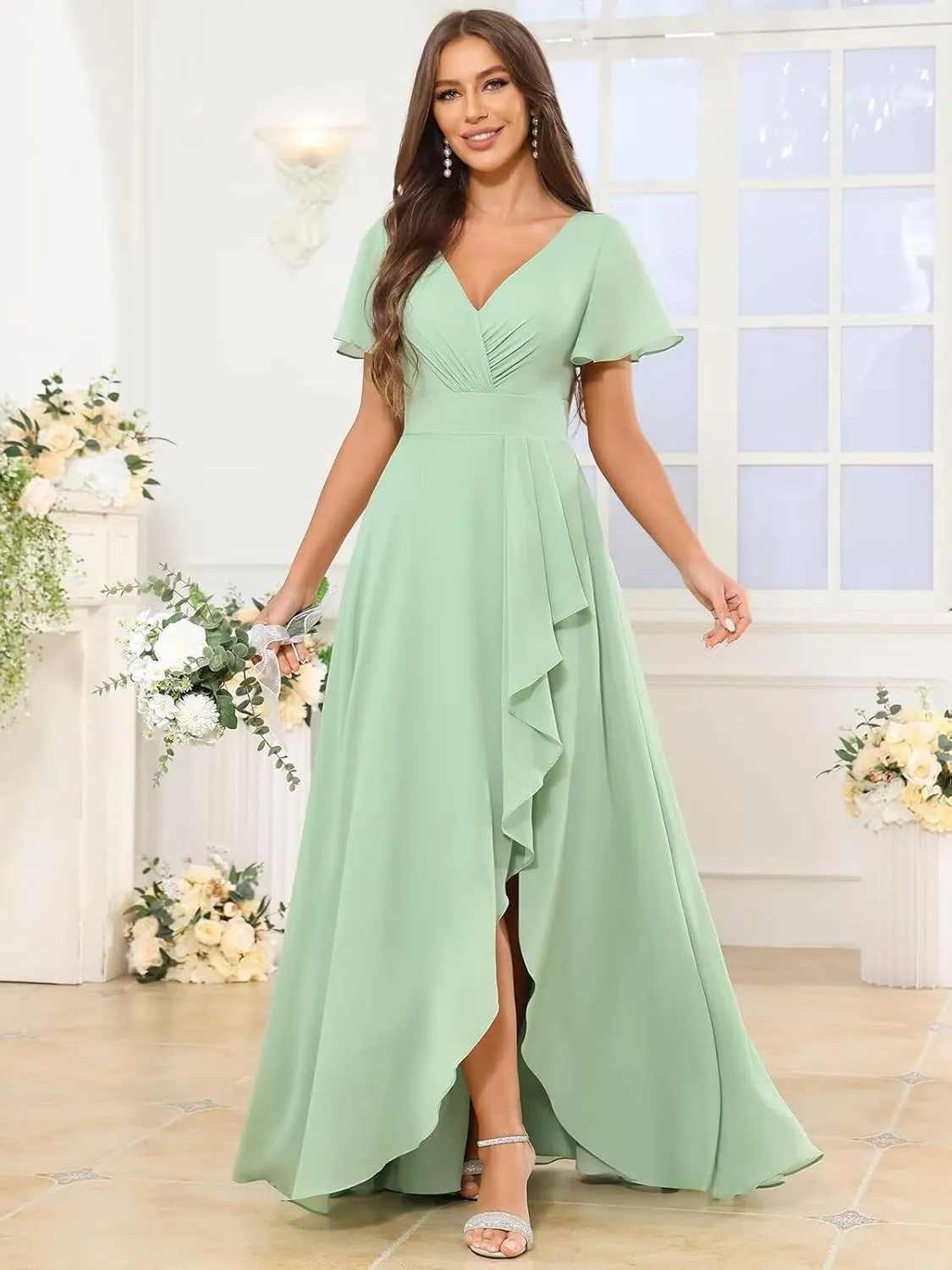 V Neck Bridesmaid Dresses for Women Short Sleeve Ruffle A Line Formal Evening Dress