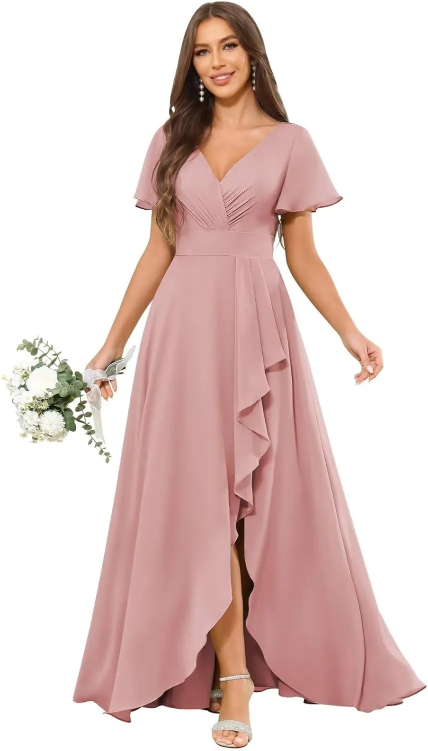 V Neck Bridesmaid Dresses for Women Short Sleeve Ruffle A Line Formal Evening Dress