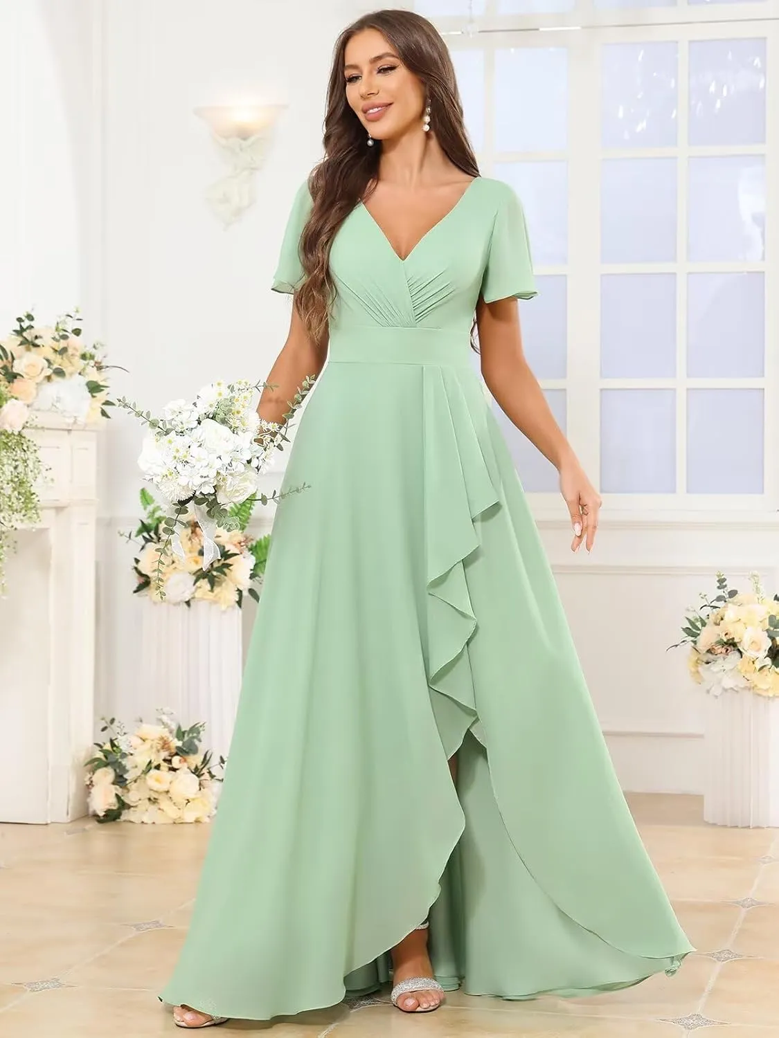 V Neck Bridesmaid Dresses for Women Short Sleeve Ruffle A Line Formal Evening Dress