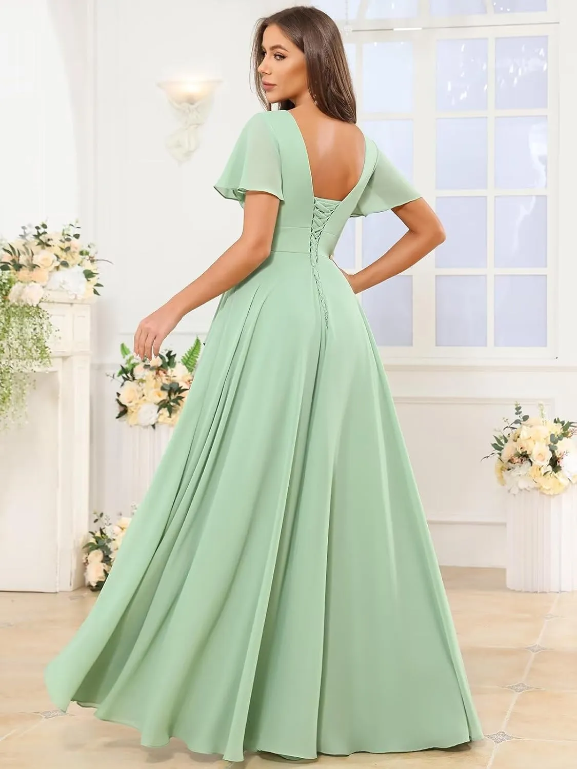 V Neck Bridesmaid Dresses for Women Short Sleeve Ruffle A Line Formal Evening Dress