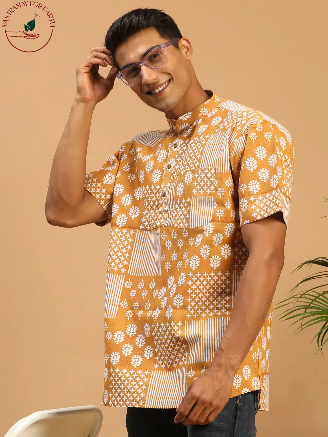 Vastramay Mustard Printed Cotton Short Kurta