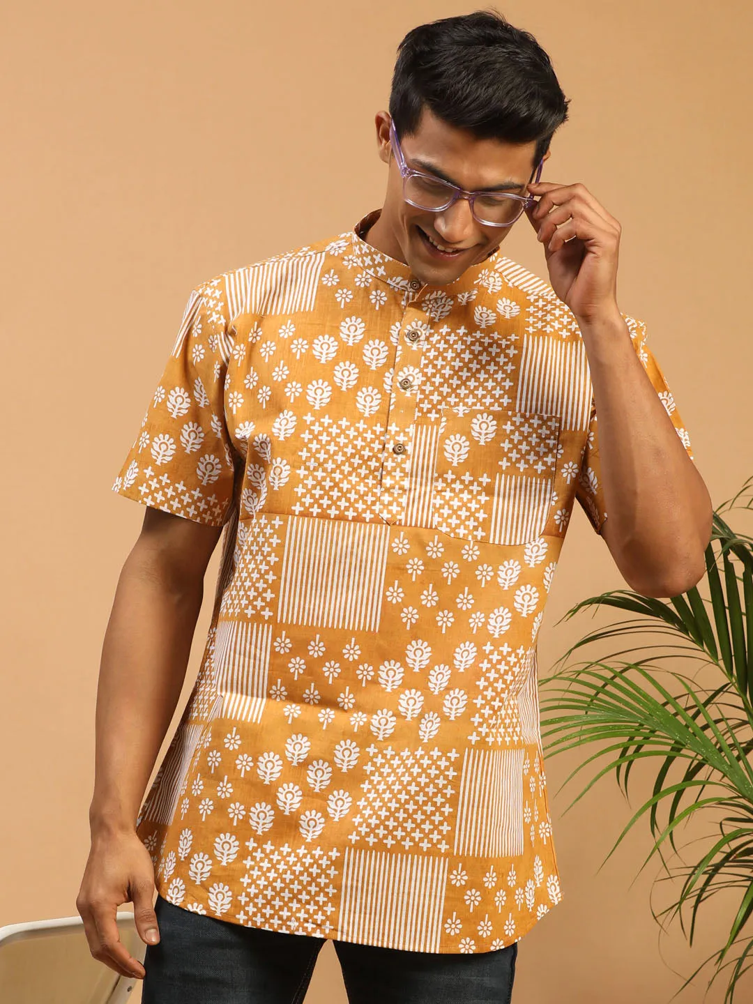 Vastramay Mustard Printed Cotton Short Kurta