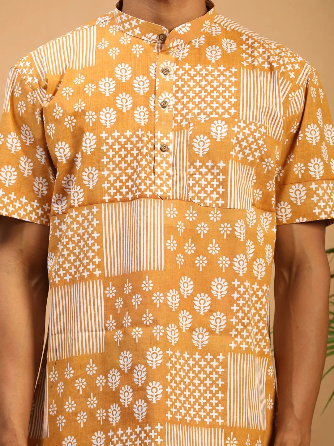 Vastramay Mustard Printed Cotton Short Kurta