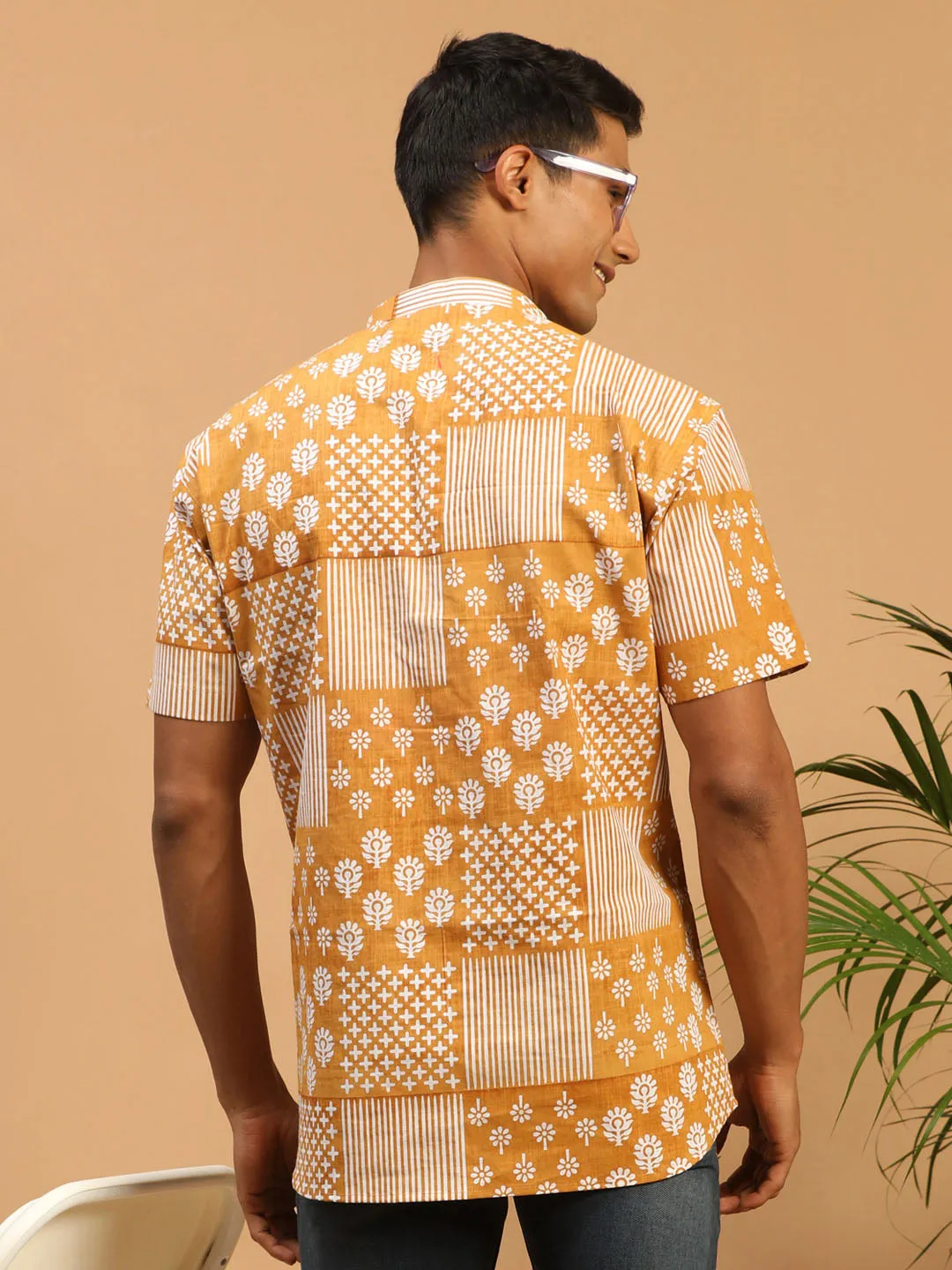 Vastramay Mustard Printed Cotton Short Kurta