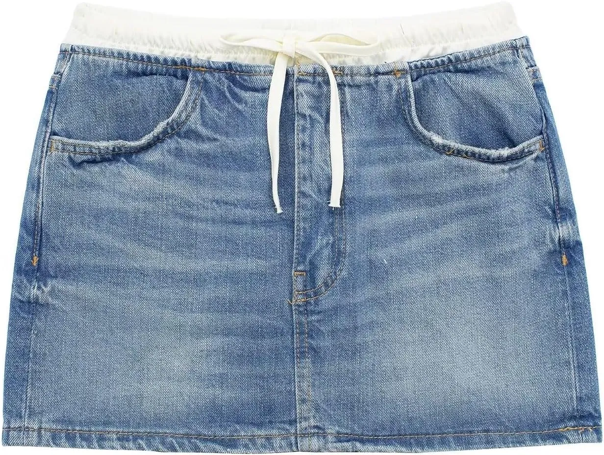 VCM Y2k Skirt Jean Skirts for Women Denim Cute Mini Skirt with Pockets High Waisted Skirt Drawstring Skirt Trendy Skirt (Blue,L,Large)